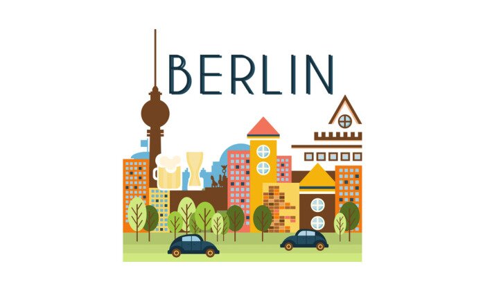 Tableau  City street, Berlin travel poster vector Illustration on a white background