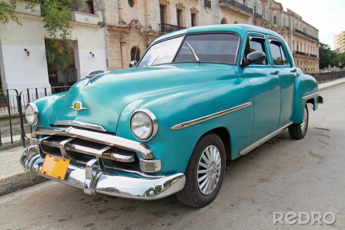 Tableau  Classique bleu Plymouth à La Havane. Cuba.