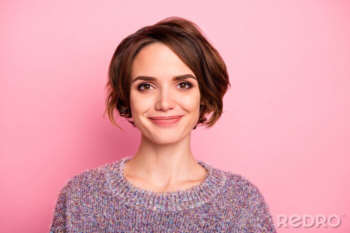 Tableau  Close-up portrait of her she nice-looking attractive lovely pretty charming cute cheerful cheery brown-haired girl isolated over pink pastel color background