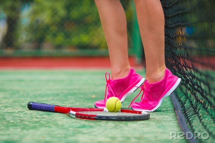 Tableau  Closeup, chaussures, tennis, raquette, balle, Dehors