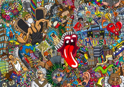 Tableau  Collage graffiti coloré avec musique et motifs pop culture