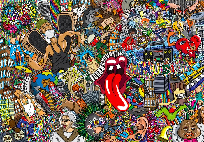 Tableau  Collage graffiti coloré avec musique et motifs pop culture