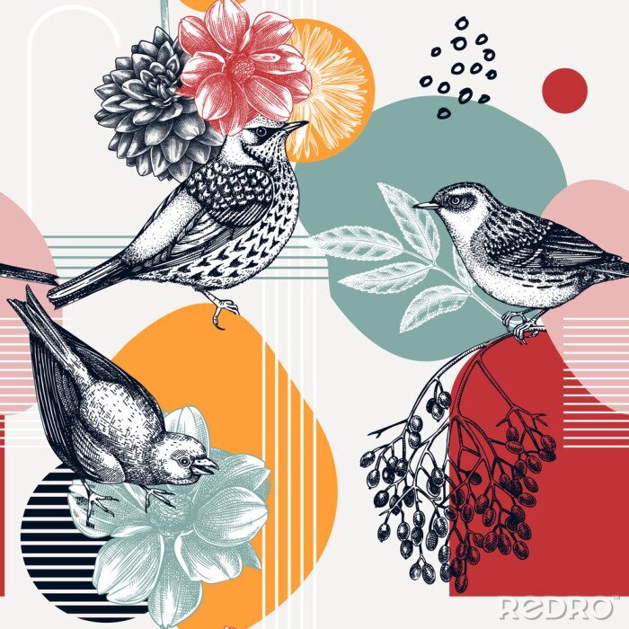 Tableau  Collage style seamless pattern design. Hand-sketched bird on dahlia flower. Trendy background with botanical, geometric shapes, and abstract elements. Perfect for print, wrapping paper, packaging