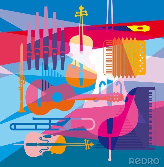 Tableau  colorful background with musical instruments