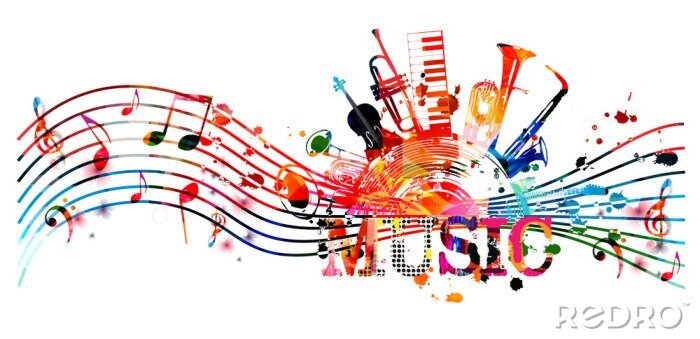 Tableau  Colorful music promotional poster with music instruments and notes isolated vector illustration. Artistic abstract background for live concert events, music show and festival, party flyer design