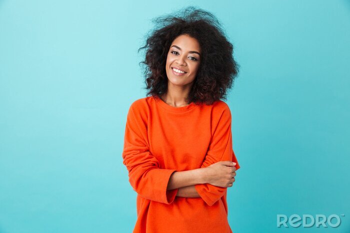 Tableau  Colorful portrait of amazing woman in red shirt with afro hairstyle looking on camera with smile, isolated over blue background