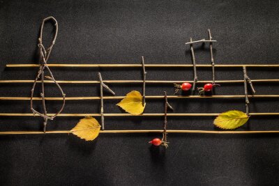 Tableau  Conception des notes musicales. Notes musicales en bois et feuilles.