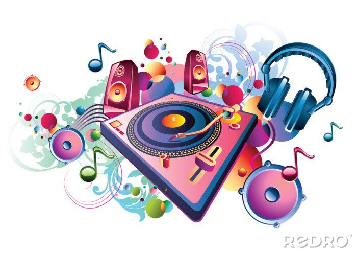 Tableau  Conception musicale - platine brillante, notes et haut-parleurs