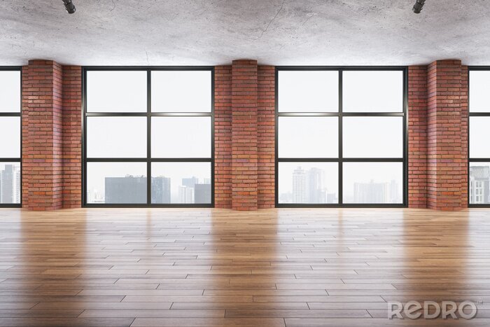 Tableau  Contemporary red brick room with panoramic city view.