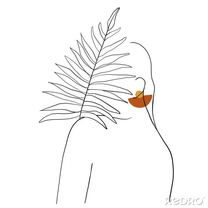 Tableau  Continuous line, drawing of woman face, fashion concept, woman beauty minimalist with geometric doodle Abstract floral elements pastel colors. One line continuous drawing. vector illustration