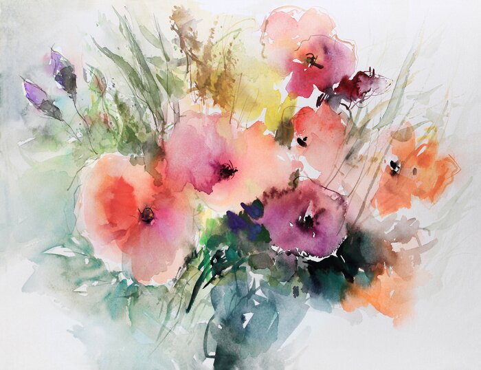 Tableau  Coquelicots aquarelles colorées