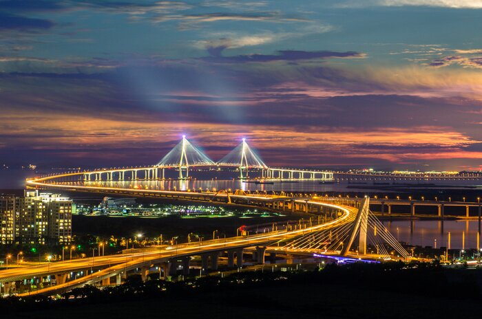 Tableau  Coucher de soleil, Incheon, pont, nuit, Seouth, Corée.