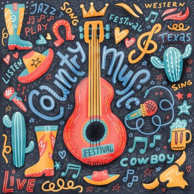 Tableau  Country music print concept for postcards or festival banners. hand drawn illustration in textured flat doodle style. Guitar with written lettering.
