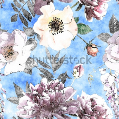 Tableau  crayon vintage art et aquarelle floral coloré transparente motif avec des roses blanches et violettes et pivoines sur fond bleu clair