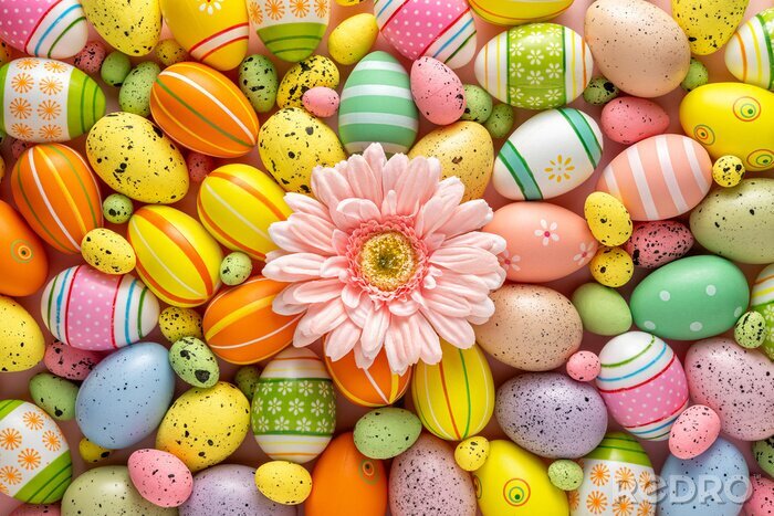 Tableau  Creative layout with colorful Easter eggs and daisy flower. Minimal Easter background. Spring holidays concept.