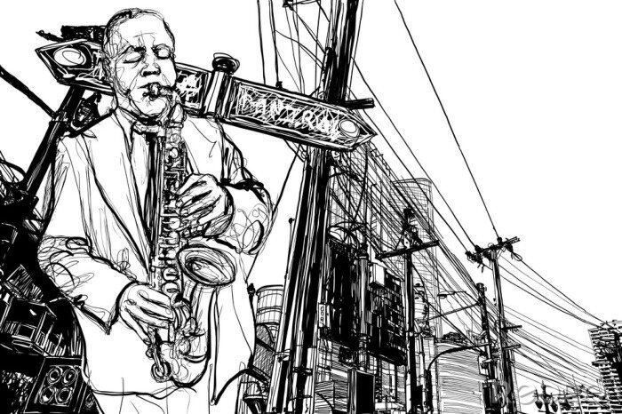 Tableau  Croquis d'un saxophoniste vu de la rue