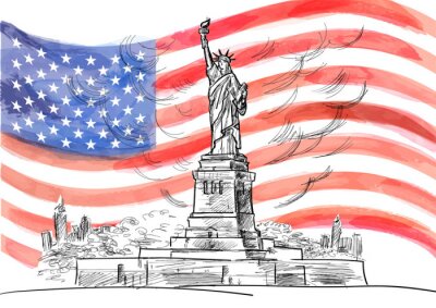 Tableau  Croquis dessiné à la main du symbole américain de la Liberté. Drapeau vectoriel aquarelle des États-Unis. Créé avec des brosses personnalisées, pas un auto-traçage.