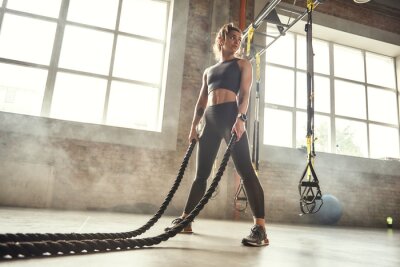 Tableau  CrossFit training. Young athletic woman with perfect body doing crossfit exercises with a rope in the gym.
