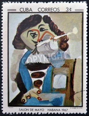 Tableau  CUBA - CIRCA 1968: Stamp printed in Cuba commemorative to May Salon, 1967, shows The man with the pipe by Pablo Picasso, circa 1968