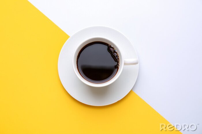 Tableau  Cup of hot coffee on color background