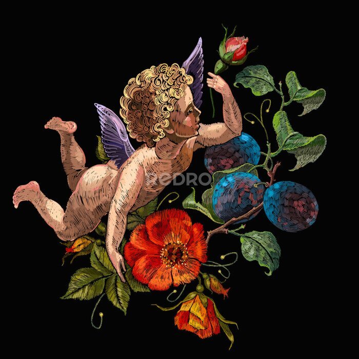 Tableau  Cupidon au milieu de fleurs sur un fond noir