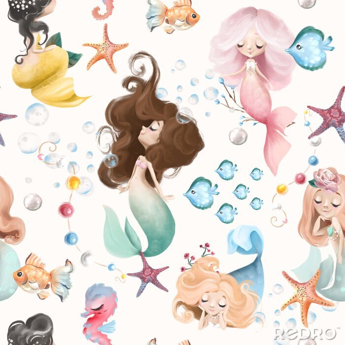 Tableau  Cute and beautiful seamless pattern - little mermaids, fishes and flowers watercolor illustration