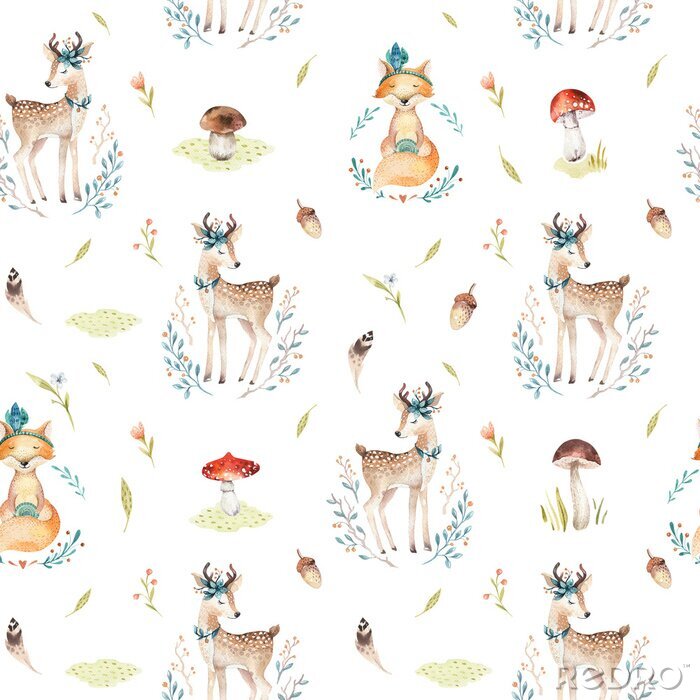 Tableau  Cute baby foxes et cerf animal seamless pattern illustration isolée pour vêtements pour enfants. Aquarelle Image boho dessinée par la main Idéal pour la conception de boîtiers de téléphone, les affich