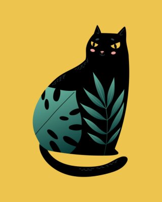 Tableau  Cute cartoon black cat with flower and plants. Modern abstract poster, card