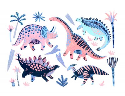 Tableau  Cute cartoon dinosaurs poster in scandinavian style