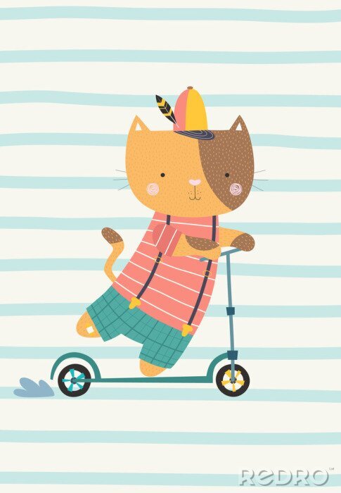 Tableau  Cute cat on a scooter. Vector illustration in a scandinavian style. Cute and funny poster.