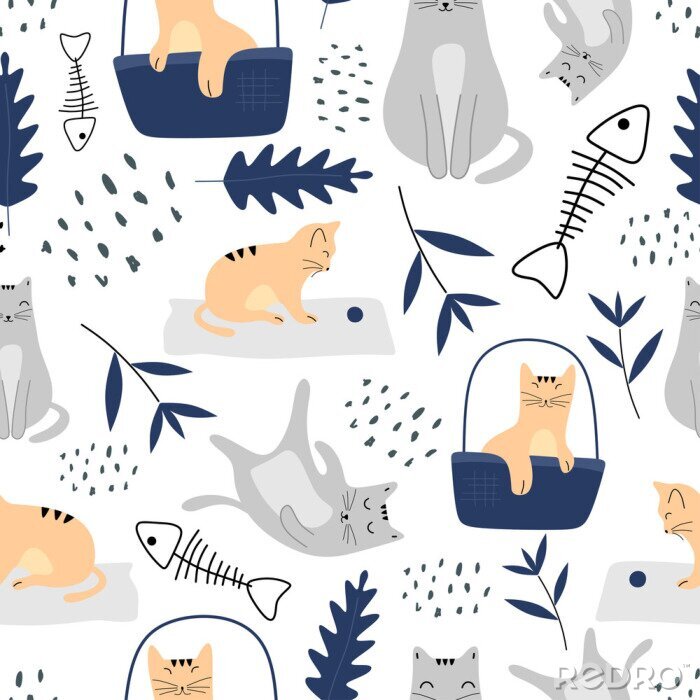 Tableau  Cute cats seamless pattern with funny animal pastel colors. Vector illustration hand drawn childish drawing scandinavian style for fashion textile print.