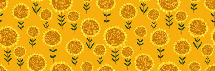 Tableau  Cute floral print. Seamless pattern with small hand drawn sunflowers on bright yellow background. Abstract botanical panorama, Wallpaper, fabric, template for sunny design...Vector illustration.