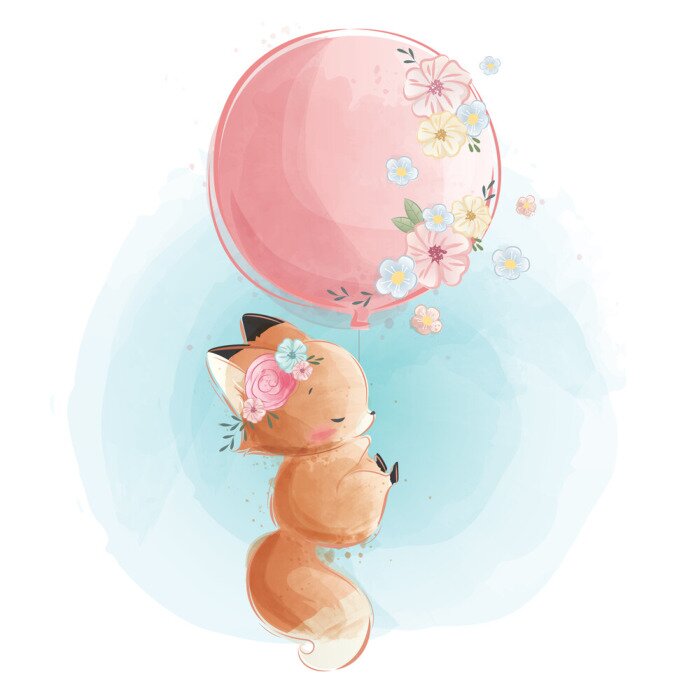 Tableau  Cute Fox Flying with Flowery Balloon