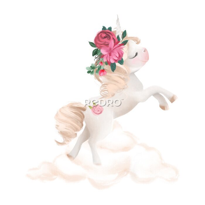 Tableau  Cute unicorn, magic pony with flowers, floral wreath on cloud
