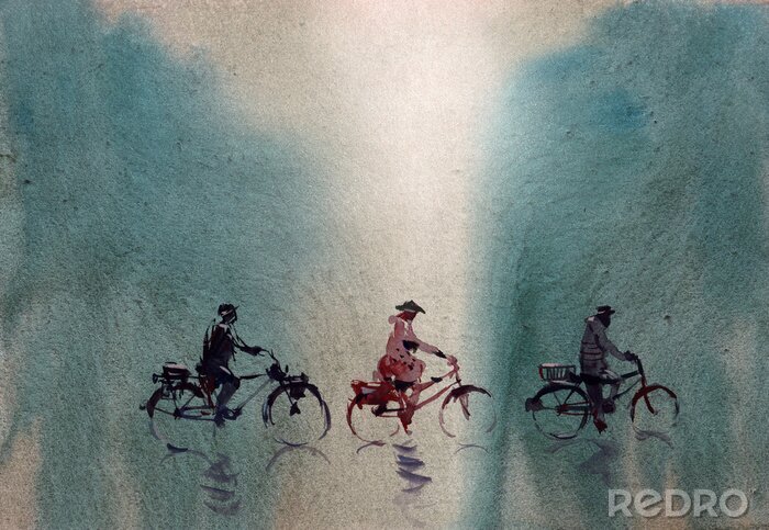 Tableau  cyclist riding bicycle crossing woods watercolor abstract painting