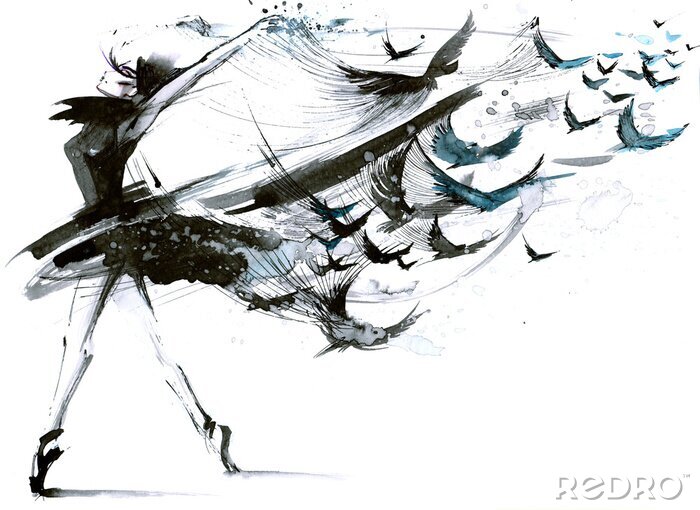 Tableau  Danse et oiseaux abstraits en noir et blanc