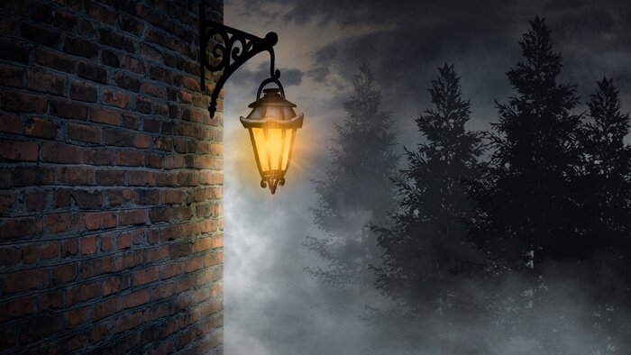 Tableau  Dark street, a lantern on an old brick wall, a large moon, smoke, smog. Night scene of the old city, dark forest.