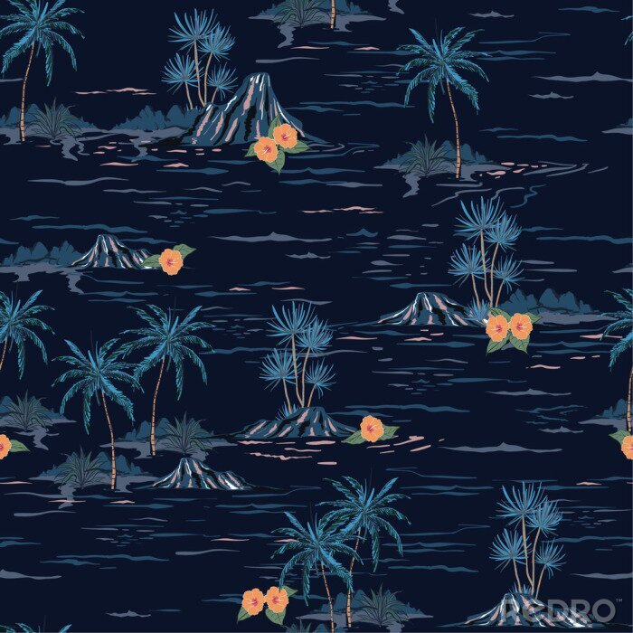 Tableau  Dark summer night mood seamless island pattern  Landscape with palm trees,beach and ocean vector hand drawn style