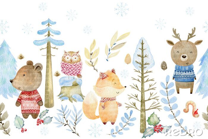 Tableau  De mignons animaux mignons dans une forêt en hiver