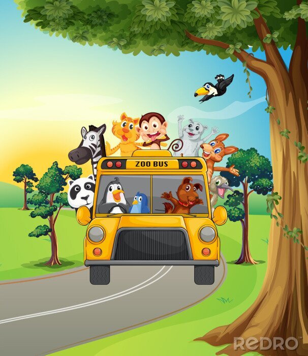 Tableau  Des animaux dans un bus jaune