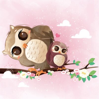 Tableau  Des hiboux mignons sur un fond rose