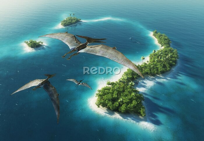 Tableau  Des ptérosaures survolant une île sauvage