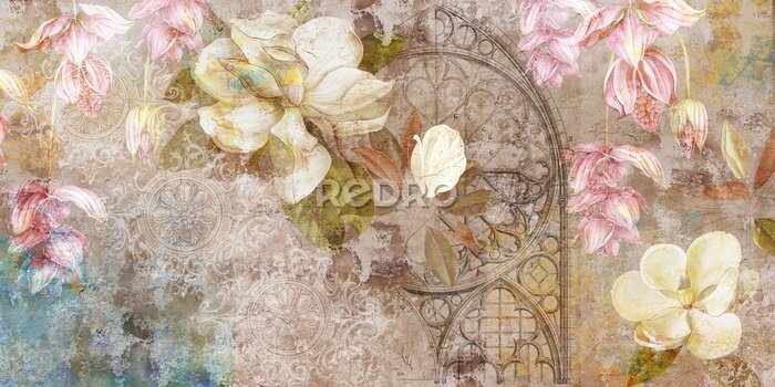 Tableau  Design for mural, wallpaper, photo wallpaper, card, postcard. Floral background. Magnolia, jasmine flowers illustration.
