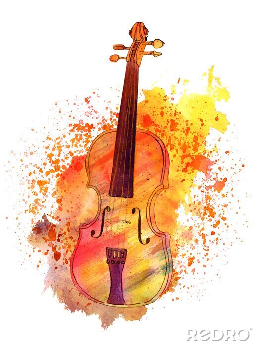 Tableau  Dessin aquarelle de violon avec éclaboussures de peinture et copyspace