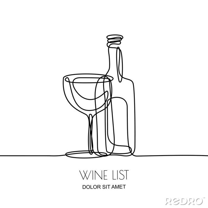 Tableau  Dessin au trait continu. Vector illustration noire linéaire de bouteille de vin et de verre isolé sur fond blanc. Éléments de conception et de design pour la carte des vins, le menu, l'étiquette.