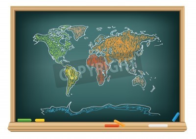 Tableau  Dessin carte du monde par une craie sur le tableau noir de la classe