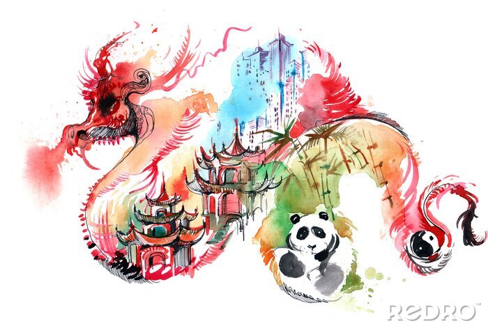 Tableau  Dessin en couleurs avec un panda et un dragon
