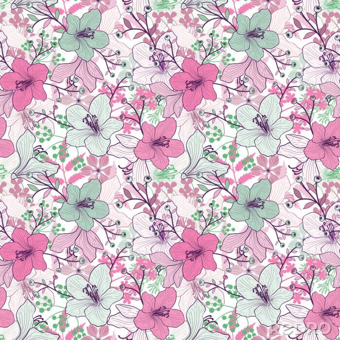 Tableau  Dessin rose et bleu orchidées et feuilles