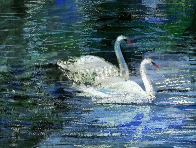 Tableau  Deux cygnes blancs sur le lac