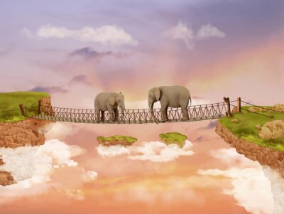 Tableau  Deux éléphants sur un pont dans le ciel